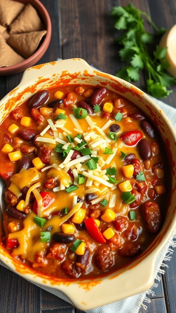 A close-up of a vegetarian chili casserole topped with cheese, corn, and green onions, served with tortilla chips.