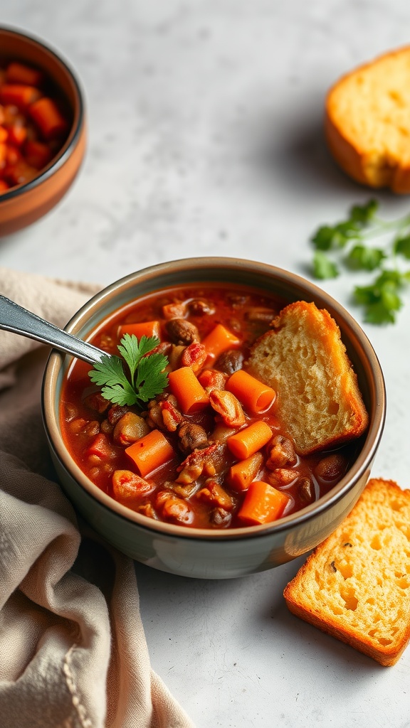 A bowl of vegetarian chili with a slice of cornbread on the side, garnished with cilantro.