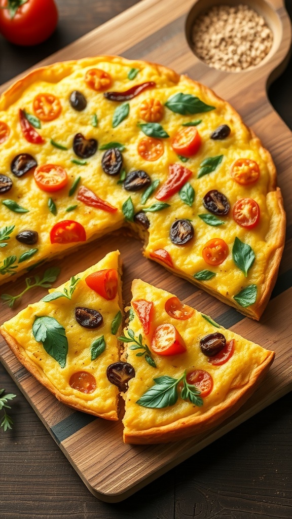 A colorful veggie-packed frittata with cherry tomatoes, black olives, and fresh herbs, served on a wooden board.