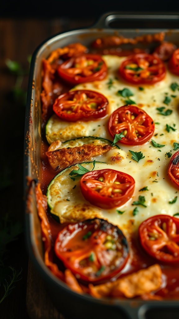 A golden-brown zucchini and tomato gratin in a baking dish, topped with fresh parsley and slices of tomatoes.