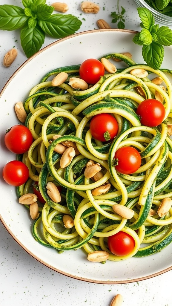 A bowl of zucchini noodles tossed with pesto, cherry tomatoes, and peanuts, garnished with fresh basil.