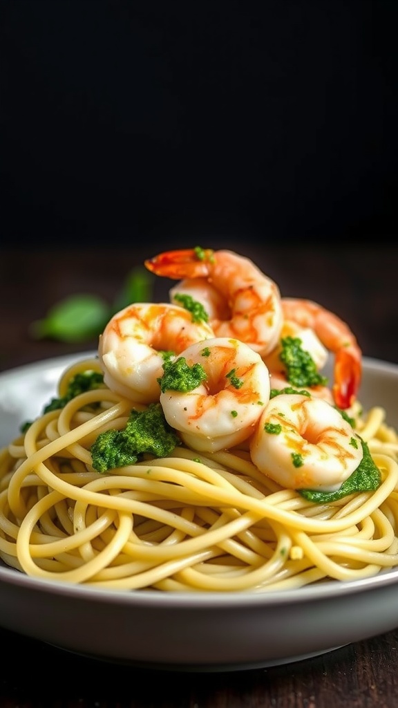 A bowl of zucchini noodles topped with shrimp and pesto sauce