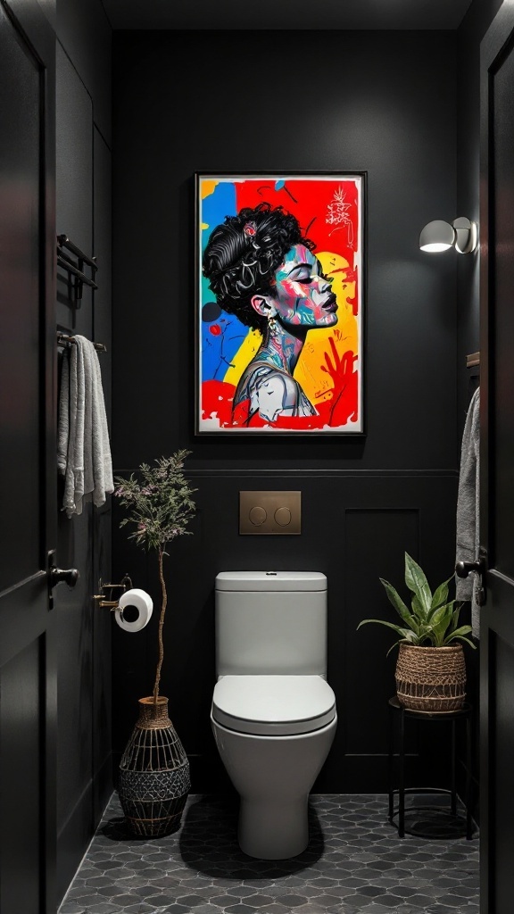 A stylish black bathroom featuring vibrant artwork and lush plants.