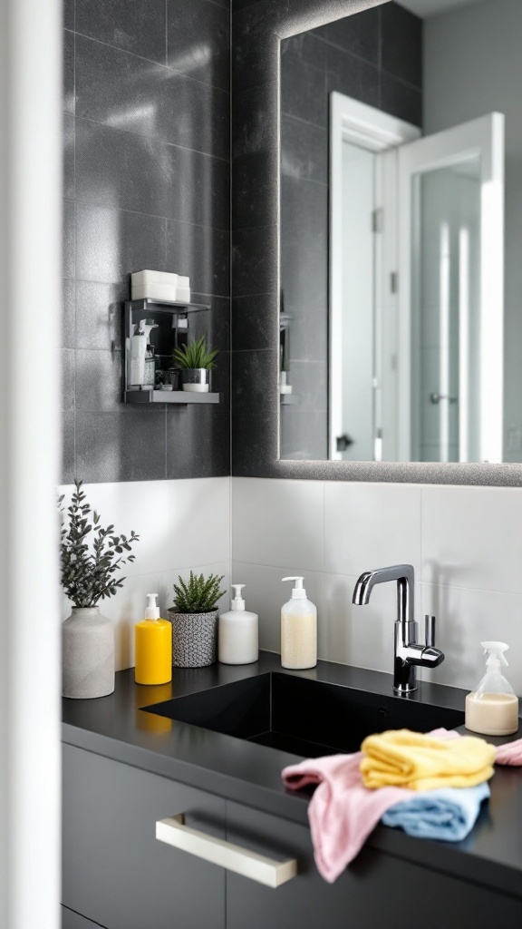 A stylish black countertop in a modern bathroom with plants and colorful towels.