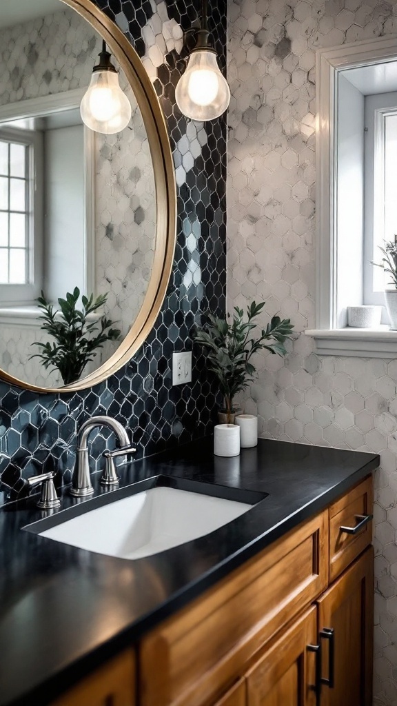 Bathroom with black countertop and stylish hexagonal backsplash