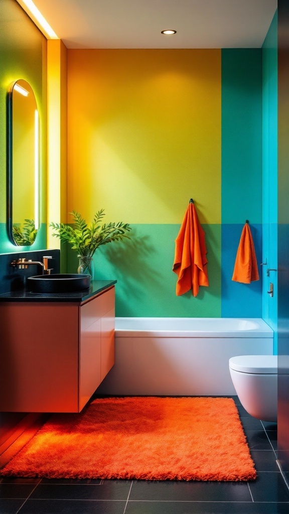 A colorful bathroom with black countertops, featuring orange towels, a vibrant rug, and teal walls.