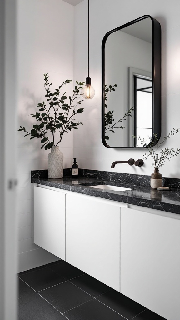 A modern bathroom featuring a black countertop and white vanity with natural elements.