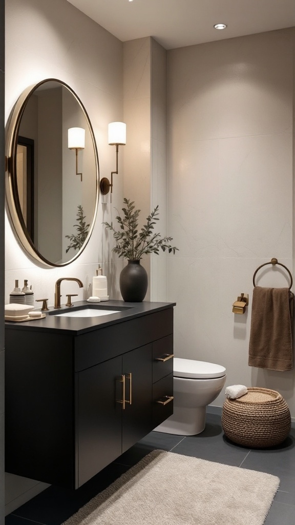 A modern bathroom featuring a black countertop, elegant fixtures, and natural decor.