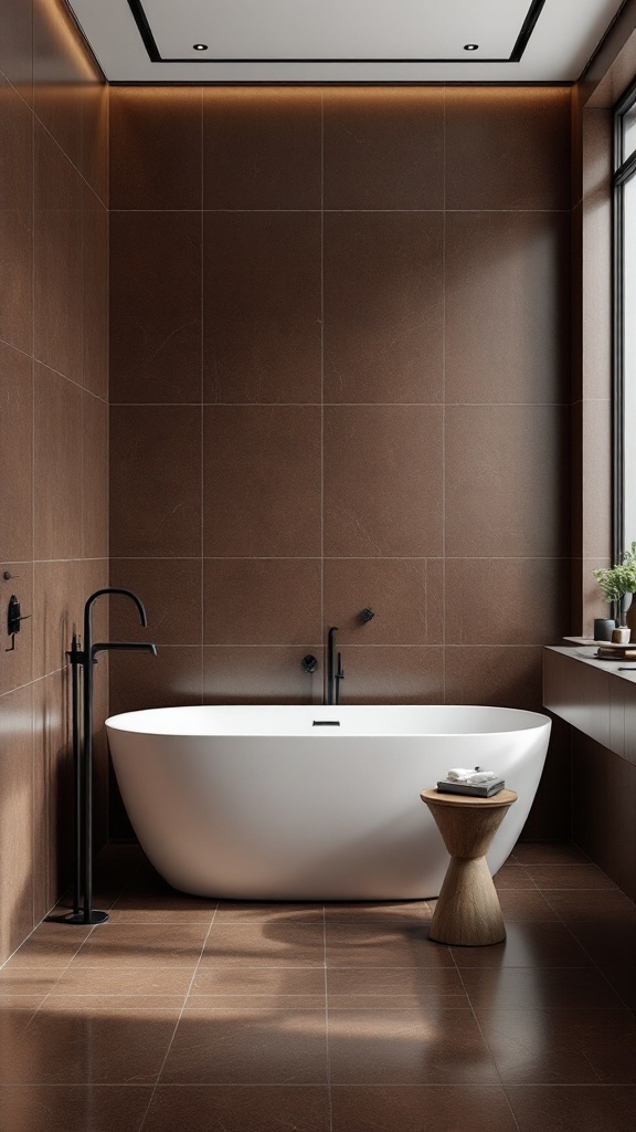 A modern bathroom featuring a freestanding white bathtub, black fixtures, and rich brown tiles.