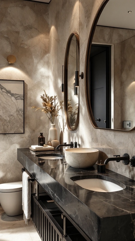 A modern bathroom featuring a black natural stone countertop, round sinks, and elegant decor.