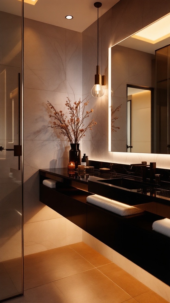 Stylish bathroom with black countertop, pendant lighting, and a mirror, showcasing elegant design elements.