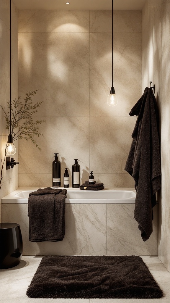 A luxurious black and brown bathroom with soft furnishings.