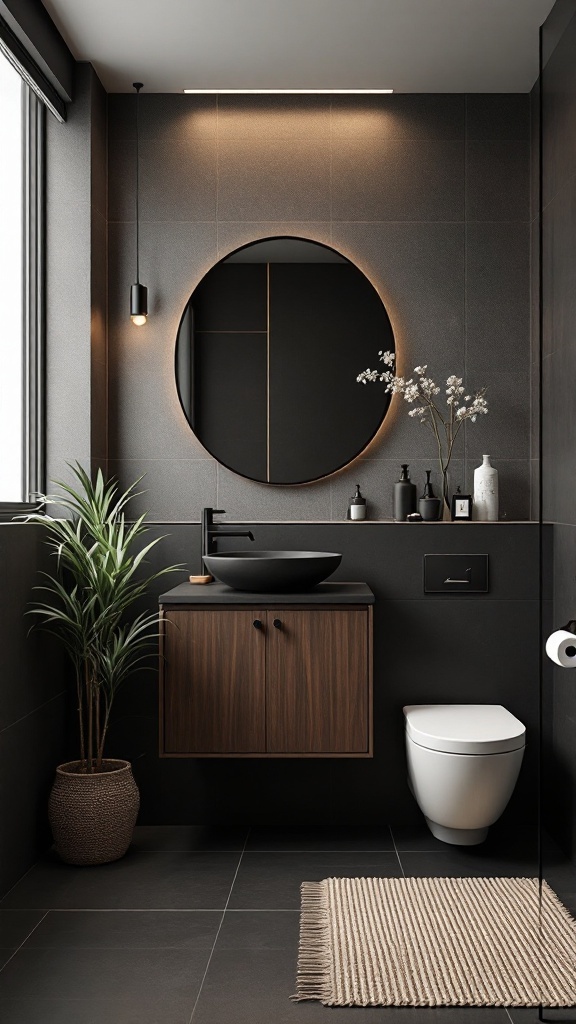 A minimalist black and brown bathroom featuring a wooden vanity, round mirror, plant, and subtle lighting.