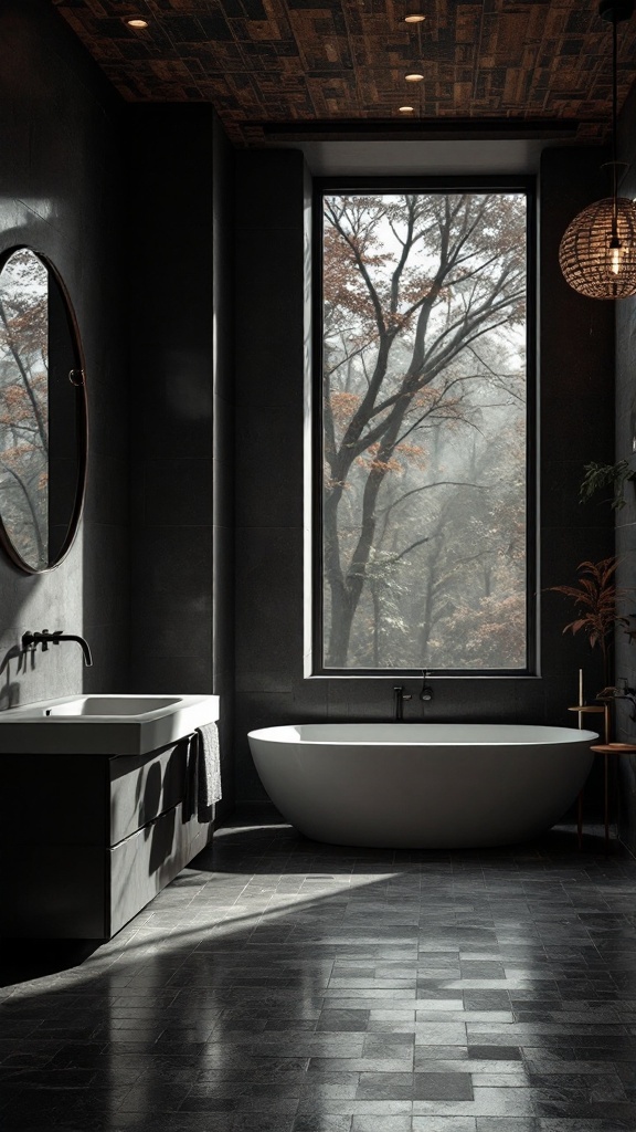 A stylish bathroom with dark tones, featuring a large window allowing natural light, wooden ceiling, and elegant bathtub.