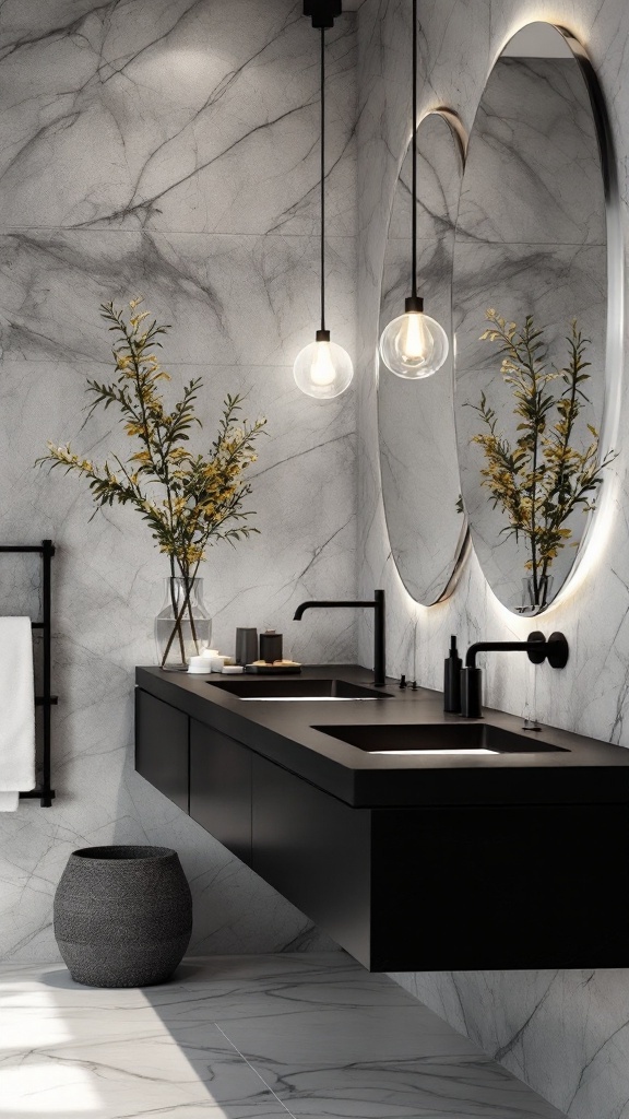 A modern bathroom featuring black countertops, floating vanity, round mirrors, and greenery in a vase.