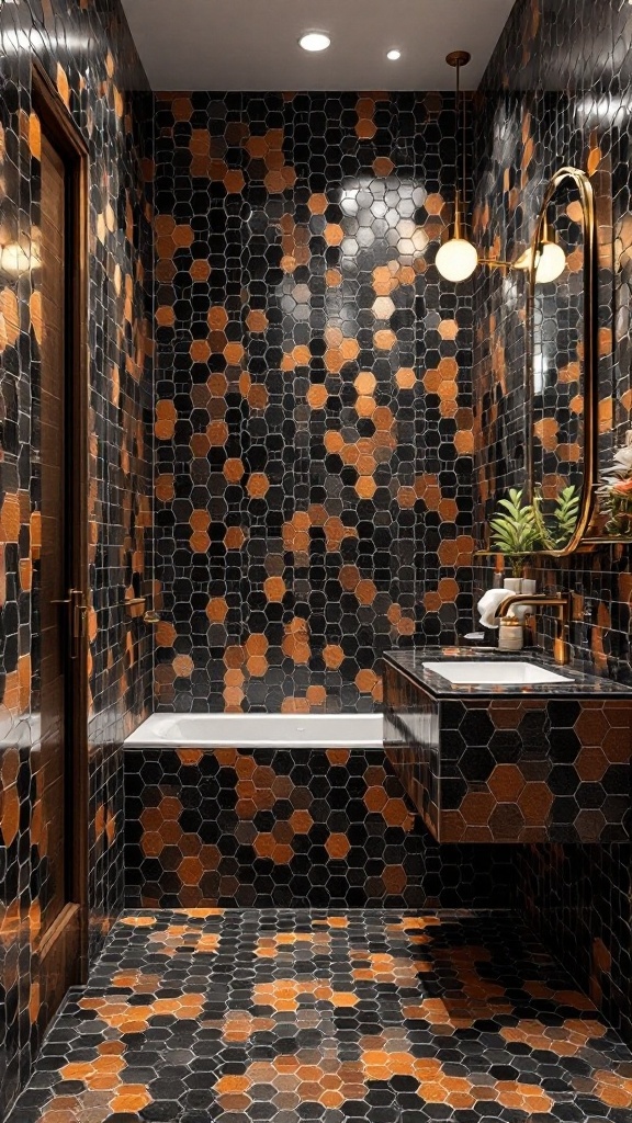 Black and brown hexagon tile bathroom design with modern fixtures.