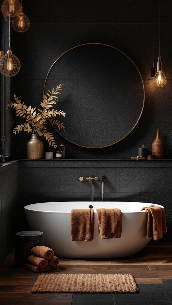 A modern bathroom with textured black walls, white bathtub, brown towels, and stylish decor.