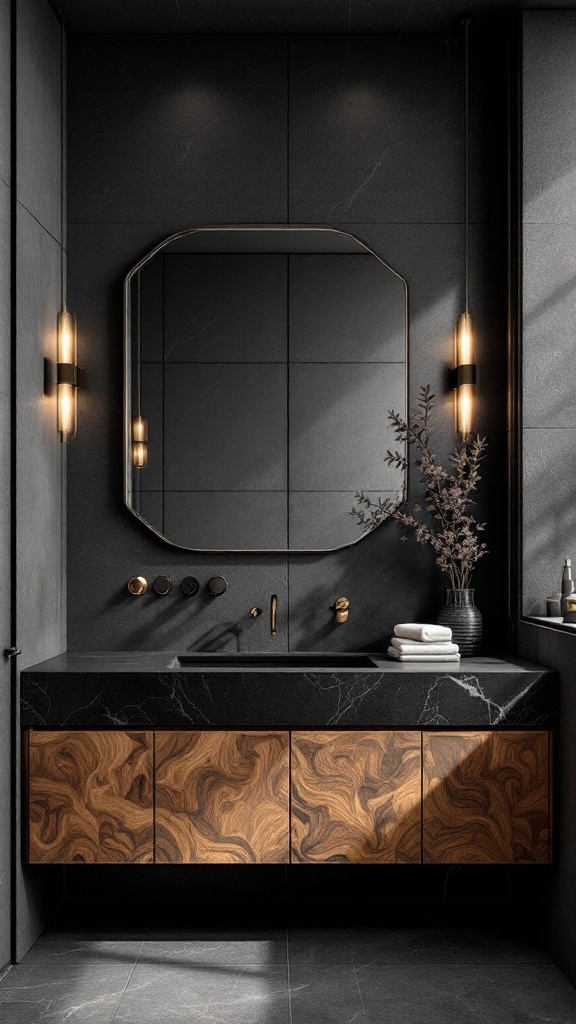 A modern black countertop bathroom with wooden cabinets, a large mirror, and stylish lighting.