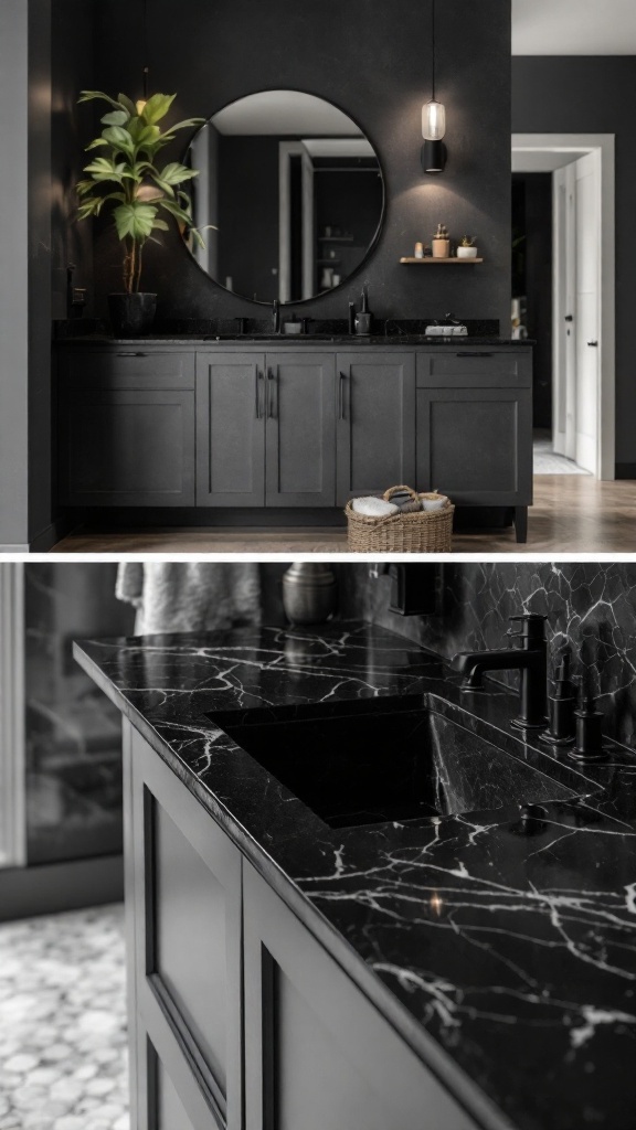 A modern bathroom featuring a black countertop with both matte and glossy finishes, complemented by dark walls and elegant fixtures.