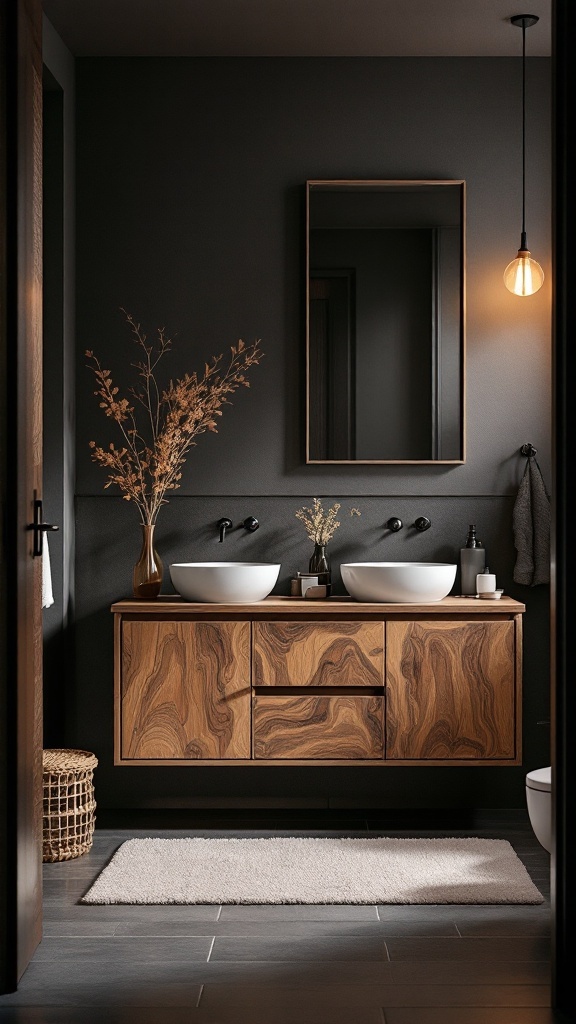 A modern bathroom featuring warm wood accents, dark walls, and stylish round basins.