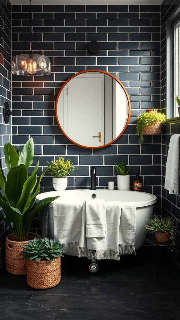 A stylish bathroom featuring black grout, a modern bathtub, hanging plants, and decorative lighting.