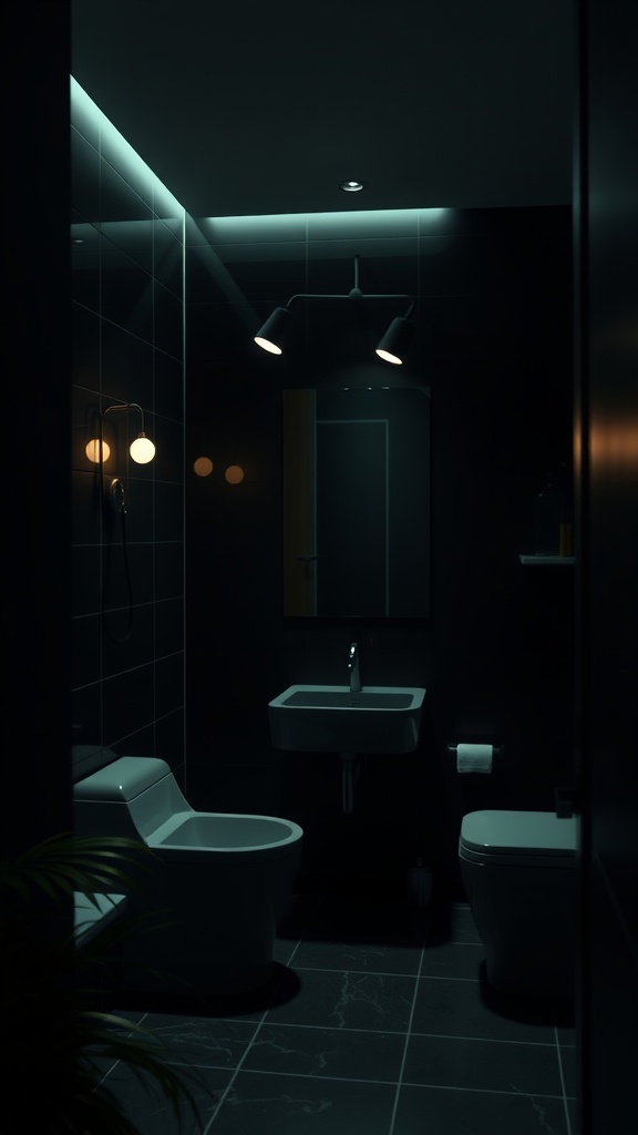 A dark green and black bathroom featuring ambient lighting