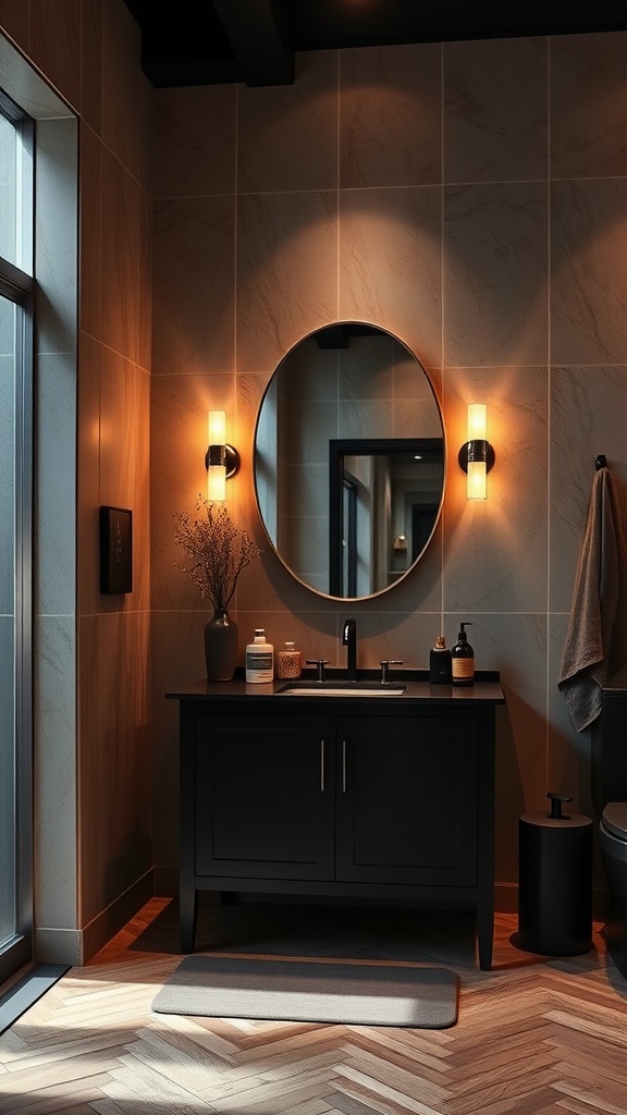 A luxurious bathroom with ambient lighting featuring a round mirror, wall sconces, and a stylish sink cabinet.