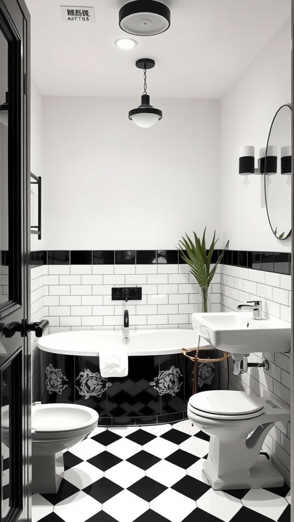 A black, white, and green bathroom showcasing Art Deco inspired fixtures, including a freestanding bathtub, stylish sink, and decorative light fixtures.