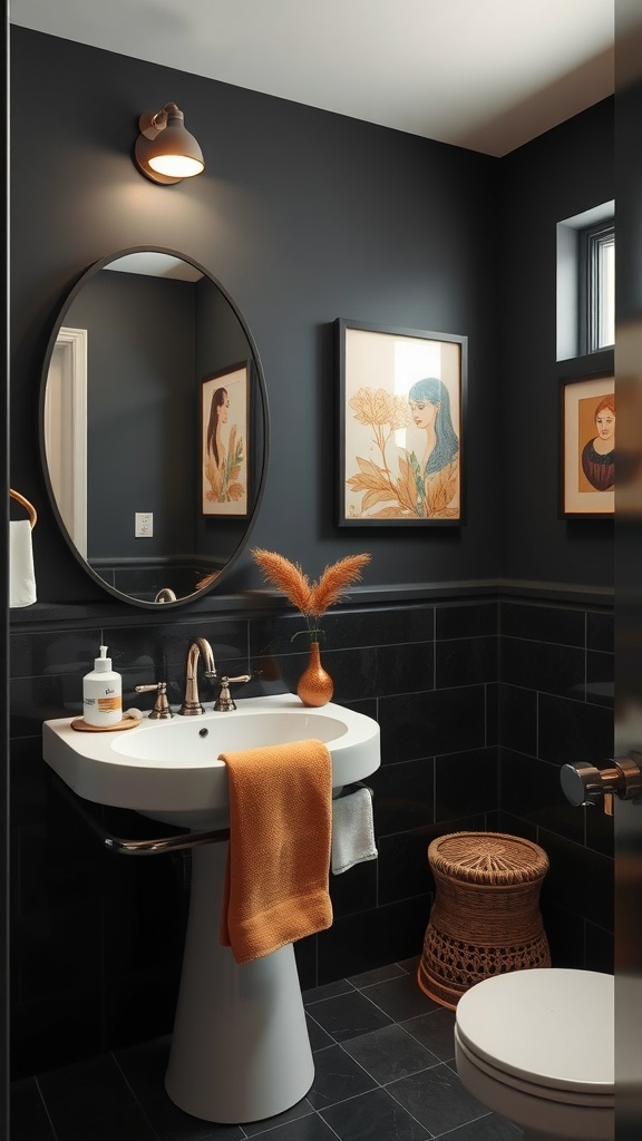 A stylish bathroom featuring artistic black and tan wall art, a round mirror, and warm lighting