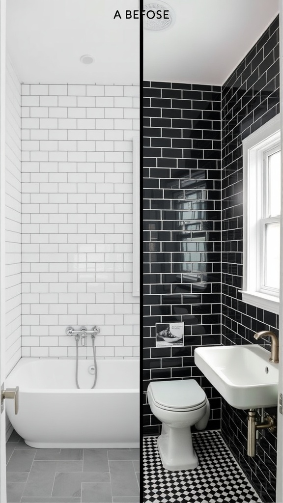 Before and after image of a bathroom with white tiles on the left and black tiles with black grout on the right.