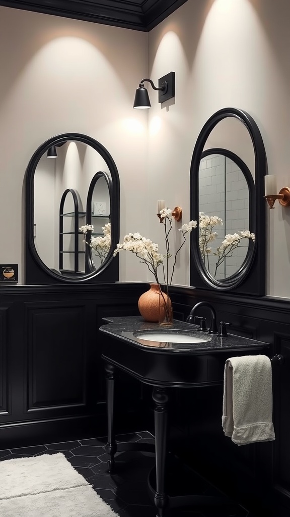 A black and cream bathroom featuring black-framed oval mirrors above a black sink with a dark cabinet.