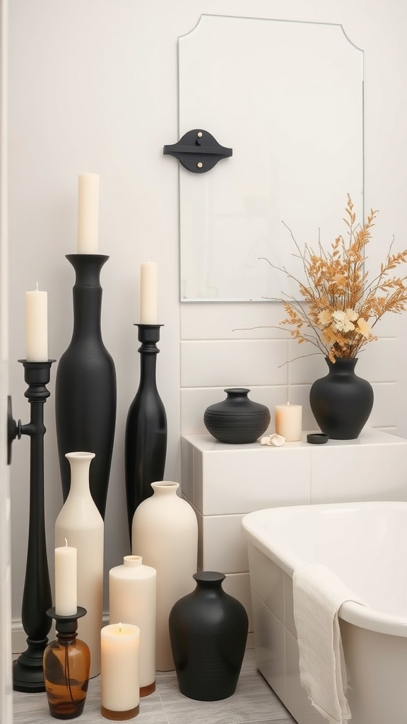 Decorative black and cream bathroom accessories including vases and candles.