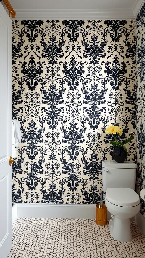 A bathroom featuring black and cream wallpaper with an intricate floral design.