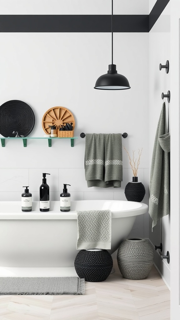 A modern bathroom featuring sage green and black decorative accessories.