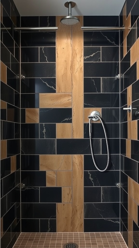 A modern black and tan shower with a sleek design featuring contrasting tiles.