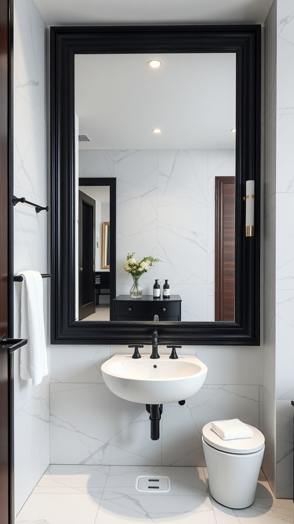 A stylish bathroom featuring a large black framed mirror, a white sink, and modern decor.