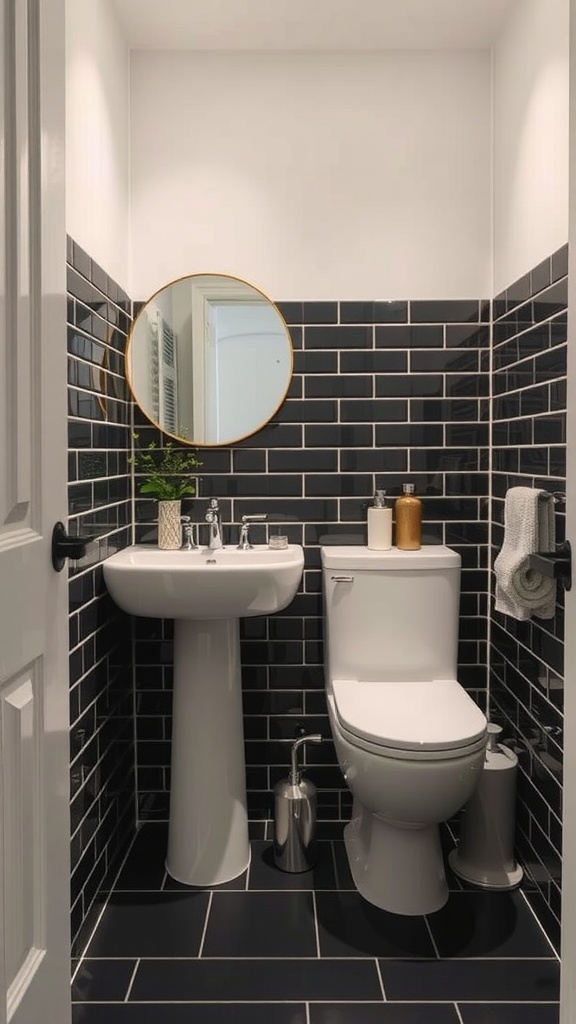 A small bathroom featuring black grout on tiles, a round mirror, and a white sink and toilet.