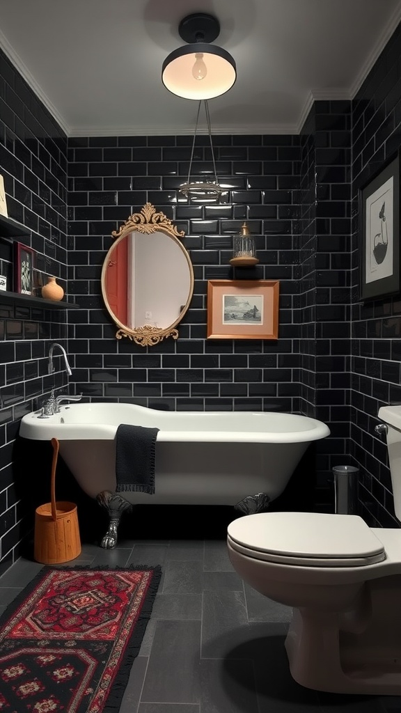 A vintage bathroom featuring black grout with subway tiles, a freestanding tub, and decorative elements.