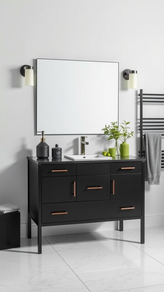 A modern black vanity with green accessories in a stylish bathroom