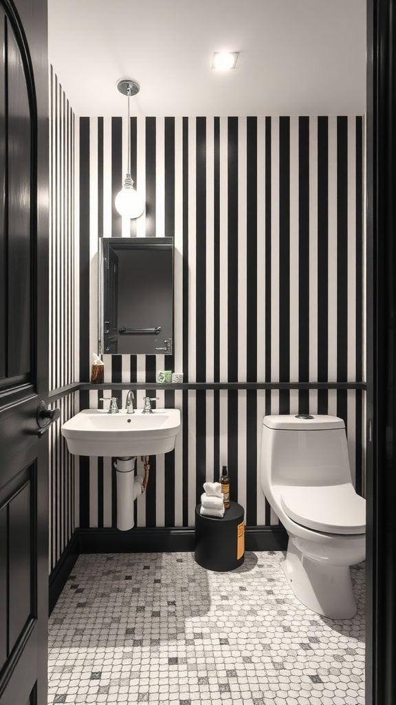 Bathroom with bold black and white striped walls, modern fixtures, and hexagonal tile flooring.