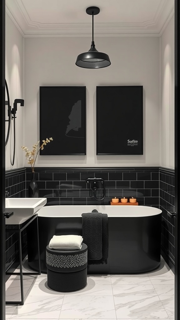 Luxurious black bathroom interior with bold art and decor