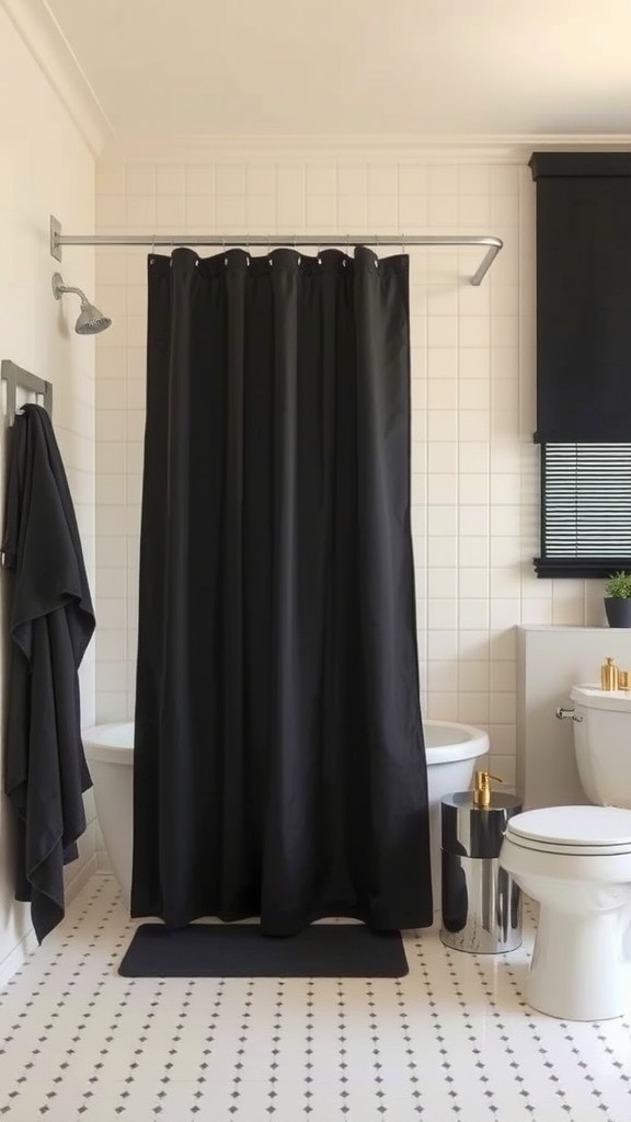 A black shower curtain in a modern bathroom with cream tiles