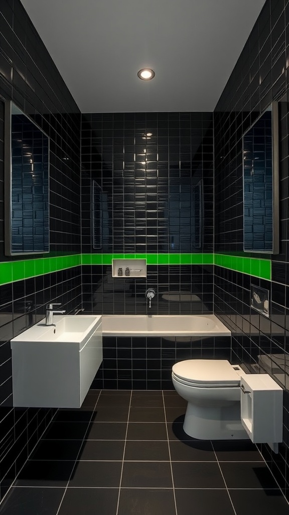 A modern bathroom featuring dark green and black tiles with green accent tiles.