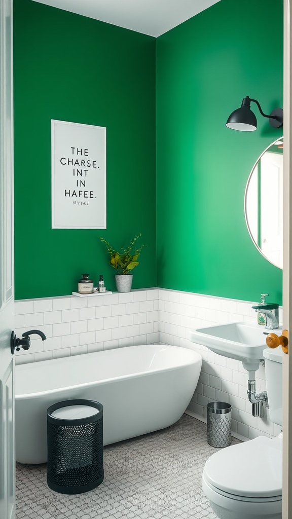 A modern bathroom with bold green walls, white tiles, and stylish fixtures.