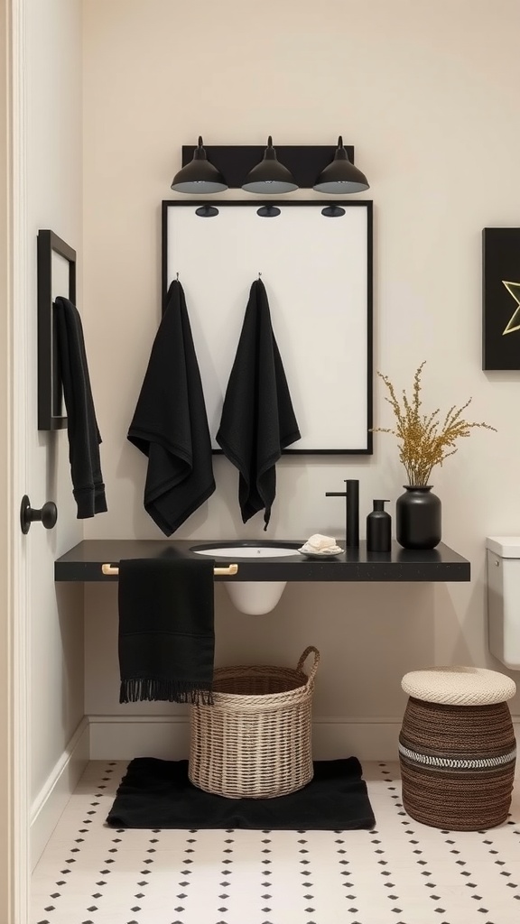 A chic black and cream bathroom with black accents, featuring a black countertop, towel racks, and decorative elements.