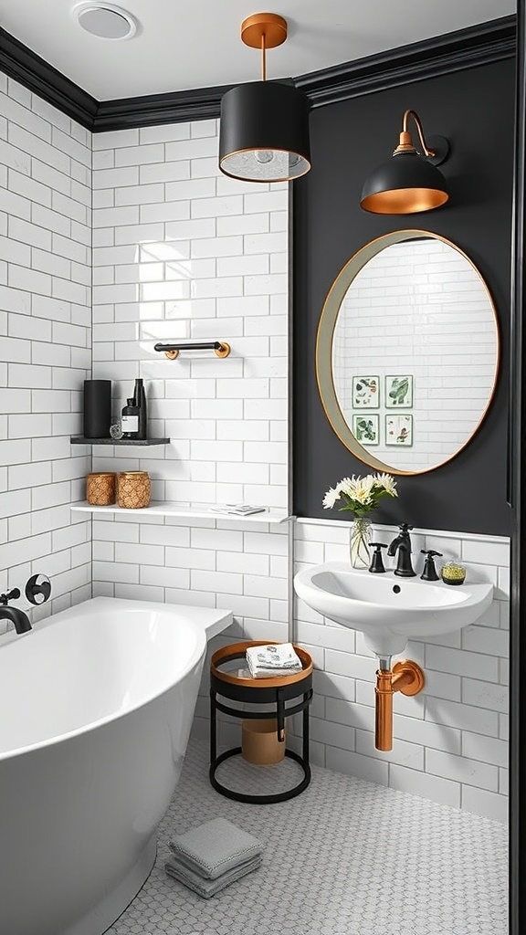 Luxurious bathroom interior with black and gold accents featuring a freestanding bathtub, stylish fixtures, and a modern mirror.