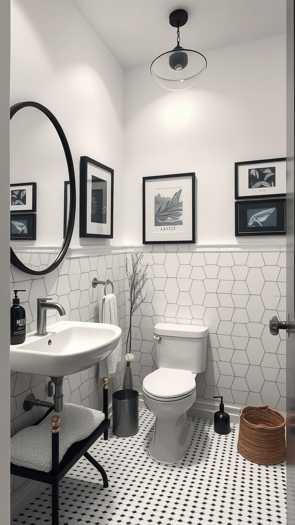 A stylish black and white bathroom featuring framed artwork and modern design.