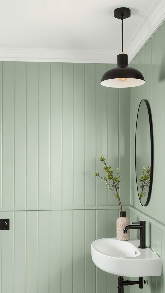 Chic black pendant light in a sage green bathroom with modern decor.