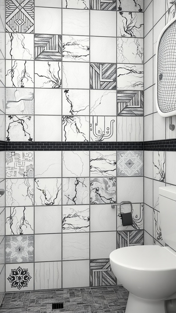 A bathroom with patterned tiles and black grout, showcasing a variety of tile designs.