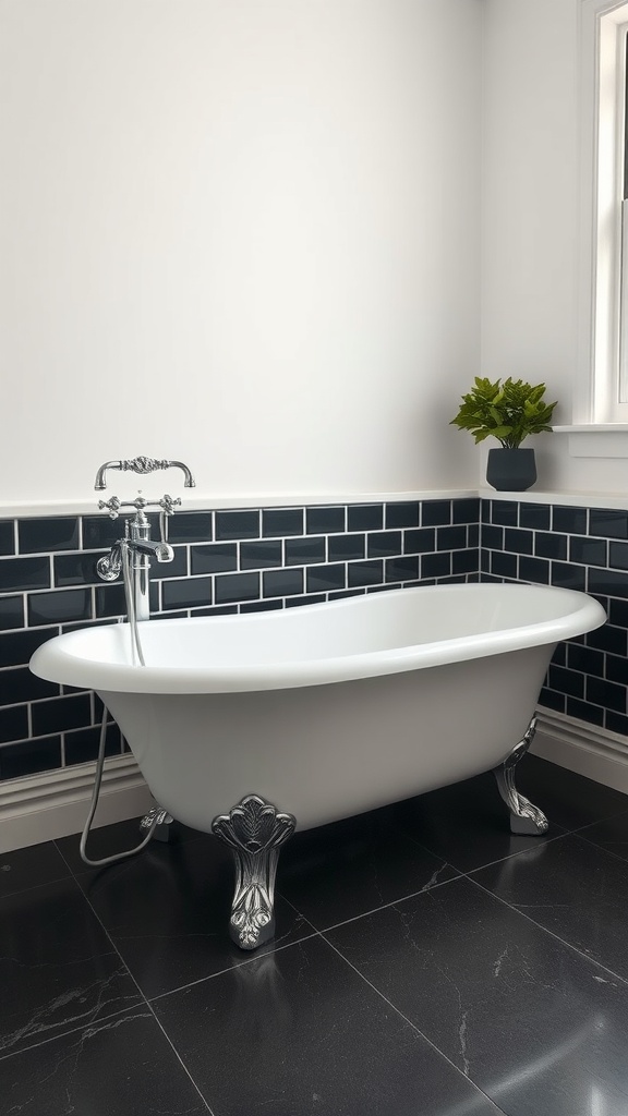 Classic white bathtub with black tiled surround and stylish faucet